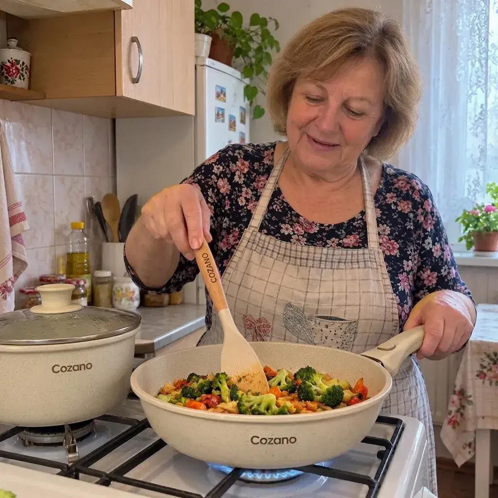 Stranka kuha s ponevjo Cozano™ na plinskem štedilniku